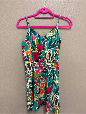 SHEIN Teal Tropical Floral Mini Dress with Pink & Orange Accents